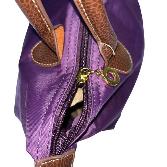 purple nylon leather handles pliage style zip small tote bag 13x8 - Picture 2 of 5